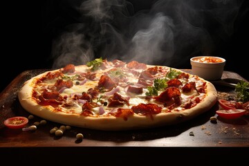 smoke steam paprika ham tomatoes bacon cheese melting composition pizza tasty pepperoni big Hot food italian meal dinner fresh sauce baked salami traditional