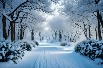 Step into a mesmerizing winter wonderland with a tranquil snow-covered pathway,