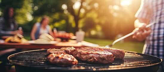 Man grills steak on outdoor barbeque for family picnic in backyard. - obrazy, fototapety, plakaty