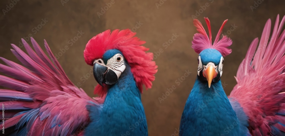 Poster two colorful birds standing next to each other in front of a brown background with a red and blue bi