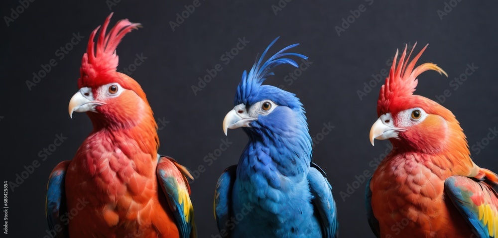 Poster a group of three colorful parrots standing next to each other on top of a black background in front 