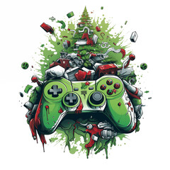 Christmas Design with Game Controller for t-shirt design. Santa cup, Christmas trees, gift box