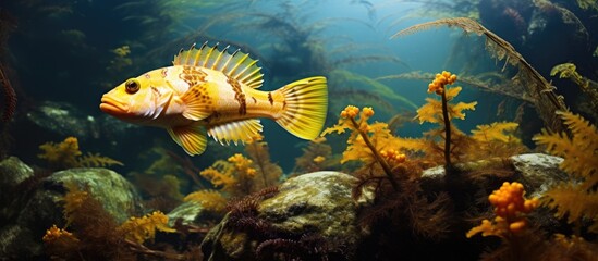 Yellow-spotted Spiny Copper Rockfish in North American Pacific kelp forests. - obrazy, fototapety, plakaty