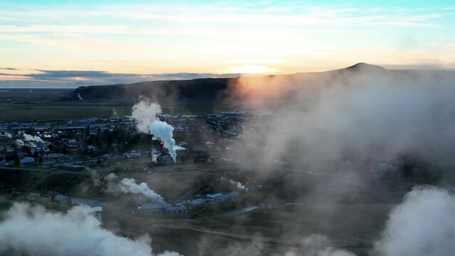 Steamy Landscape In Hveradalir Hot Springs In South Iceland - Drone Shot