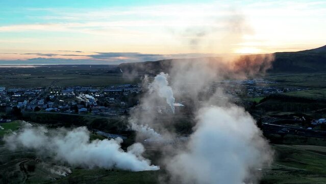Hot Springs And Town Of Hveragerdi In South Iceland During Sunset - Aerial Drone Shot