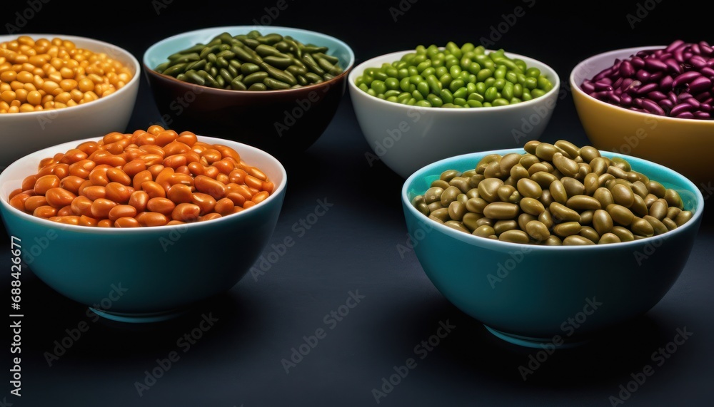 Poster a group of bowls filled with different types of beans and beans next to each other on top of a table