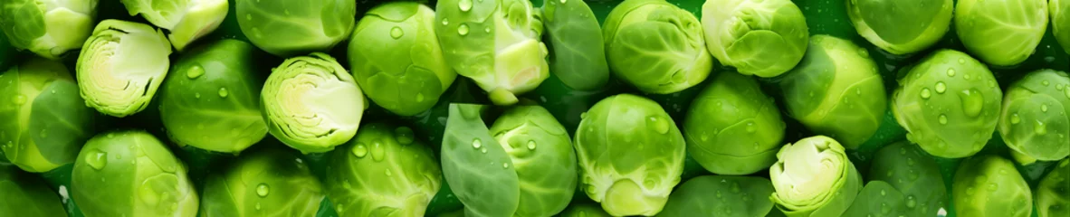 Deurstickers An Overhead Photo of Fresh Brussels Sprouts Covered in Water Drops © Nathan Hutchcraft