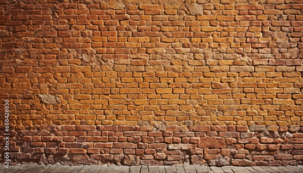 Poster a brick wall with a bench in front of it and a brick sidewalk in front of it with a bench in front o