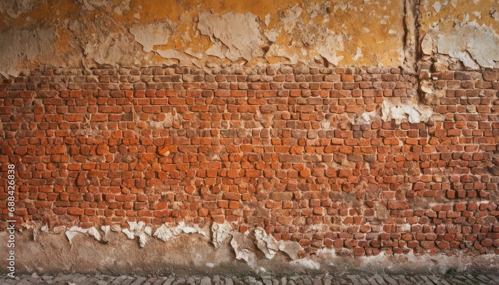 Poster a red brick wall with peeling paint on it and a bench in front of it with a bench in front of it.