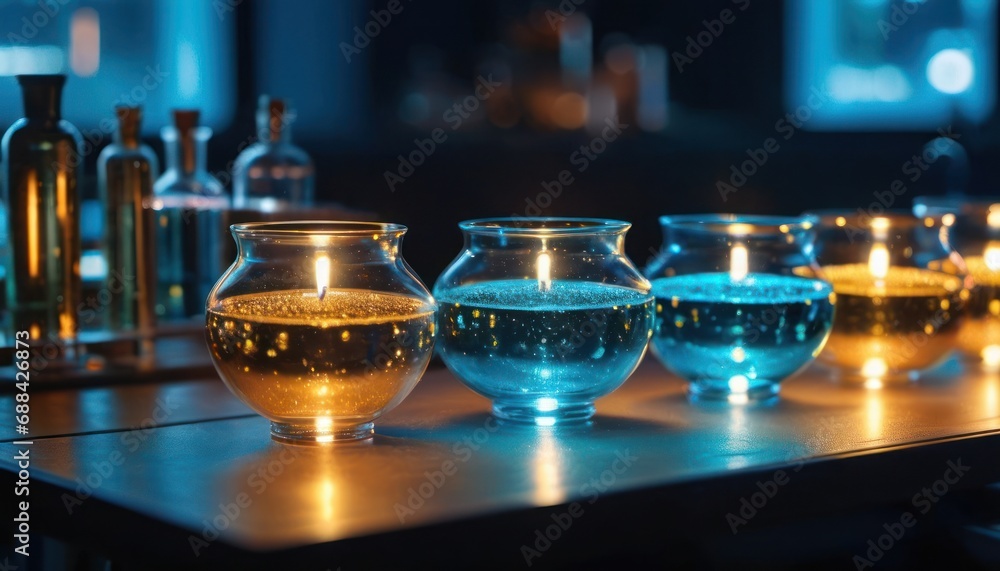 Poster a row of vases filled with water and lit candles on top of a table with bottles in the background.