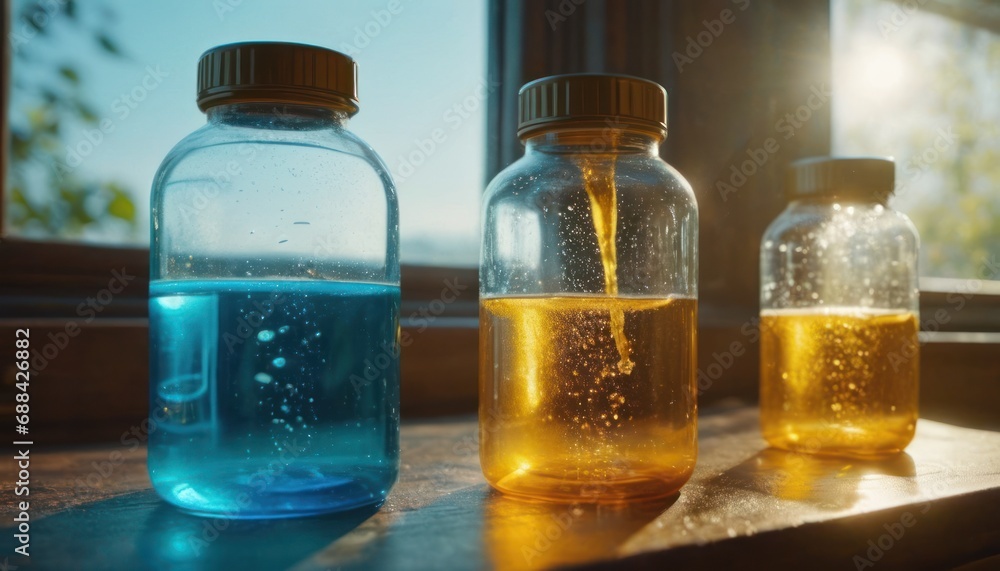 Poster a couple of bottles filled with liquid sitting on top of a window sill next to a window sill.