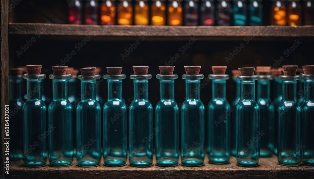 Poster a row of blue glass bottles sitting next to each other on a shelf in front of a row of other bottles