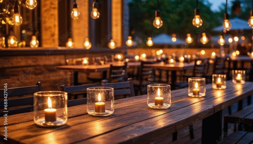 Aufkleber a table topped with lots of lit candles next to a row of tables covered in glass vases filled with l