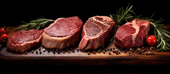 Varieties of fresh beef steak: rib eye, striploin, tomahawk t-bone, and tenderloin. - obrazy, fototapety, plakaty
