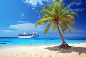Cruise with palm trees on the beach in the background of beautiful sky and sea. Travel concept of vacation and holiday. - obrazy, fototapety, plakaty