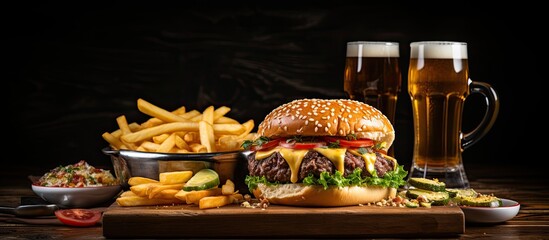 Cheeseburger with toppings, fries, and beer, presented on a cutting board.