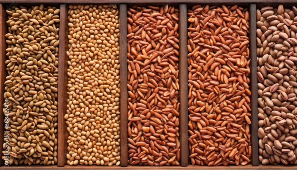 Poster a wooden box filled with lots of different kinds of nuts next to another box filled with lots of dif