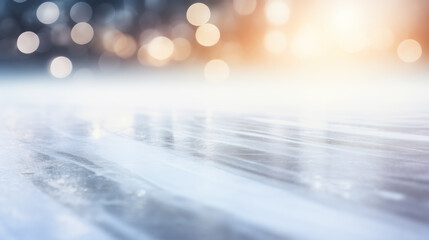 Festive background, surface of the ice skating arena. Closeup of the empty skating rink with blurry bokeh lights. Abstract winter holidays theme. Ice texture with copy space. - obrazy, fototapety, plakaty