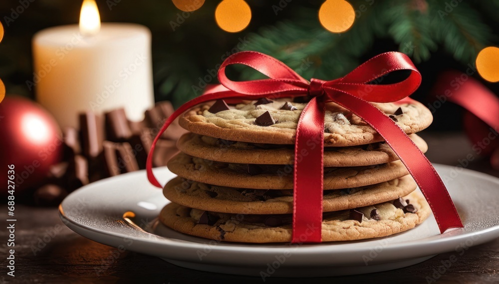 Poster a stack of chocolate chip cookies wrapped in a red ribbon on a plate with a lit candle in the backgr