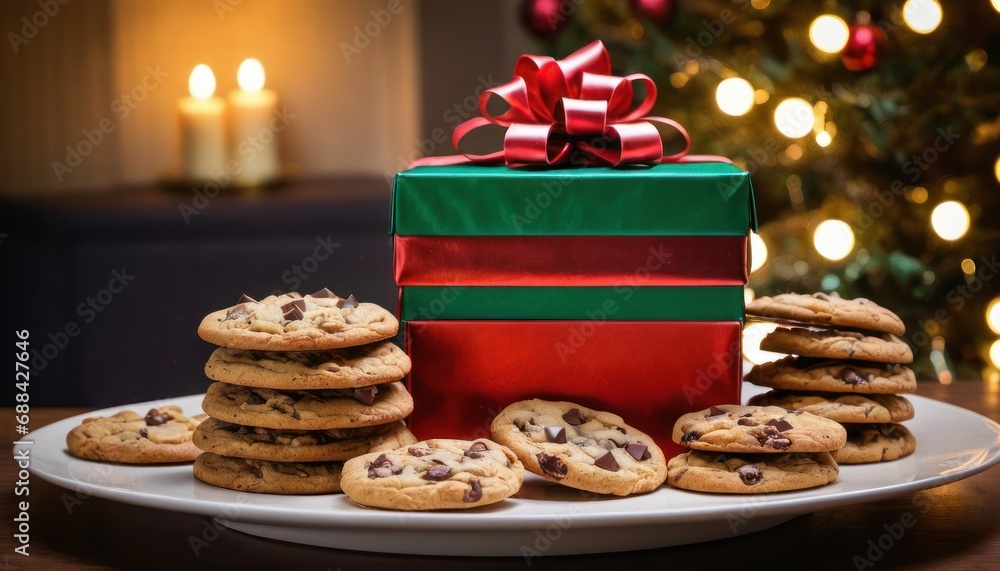 Poster a stack of cookies sitting on top of a white plate next to a green and red box with a red bow.