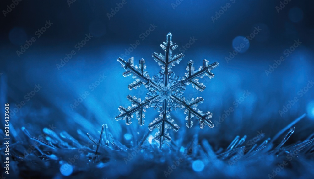 Poster a close up of a snowflake on a blue background with a blurry image of snow flakes.