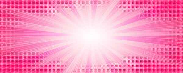 Obraz premium Pink sunburst comic background. Pop art vector cartoon abstract frame. Retro radial explosion striped wallpaper with halftone.