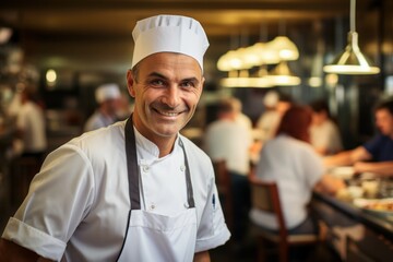 Smiling Professional Chef in a Bustling Restaurant Kitchen
