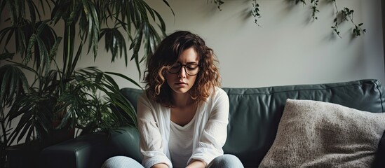 Depressed and lonely young woman, wearing glasses, sits on couch at home.