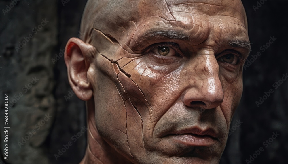 Poster a close - up of a man's face with a crack in the middle of his forehead and a tree in the background