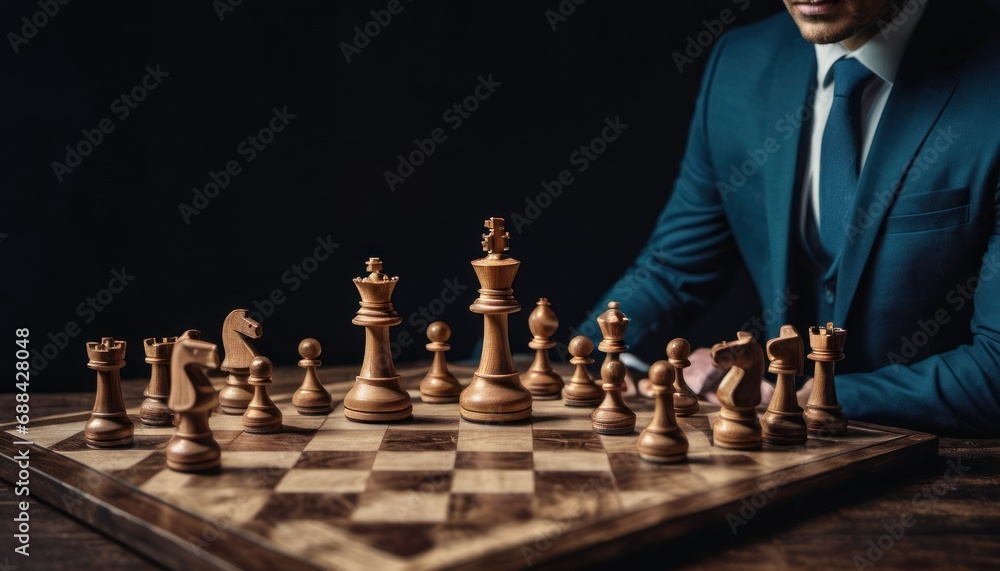 Poster a man in a suit sitting at a chess board with a set of chess pieces in front of him on a chess board