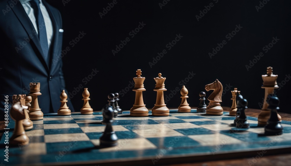 Poster a man in a suit standing next to a chess board with a set of chess pieces on top of it.