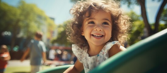 3-year-old girl enjoying outdoor summer activities on a playground.