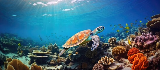 Thriving coral reef in Caribbean sea with sea turtle and tropical fish.