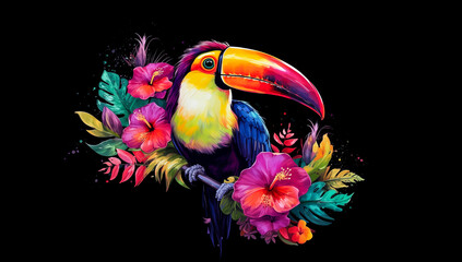 Colorful toucan bird with tropical flowers watercolor art with splash of paint, isolated on black background. Tropical paradise travel vacation cute cartoon, exotic jungle graphic resource by Vita - obrazy, fototapety, plakaty
