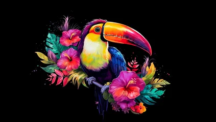 Fototapeten Colorful toucan bird with tropical flowers watercolor art with splash of paint, isolated on black background. Tropical paradise travel vacation cute cartoon, exotic jungle graphic resource by Vita © Vita