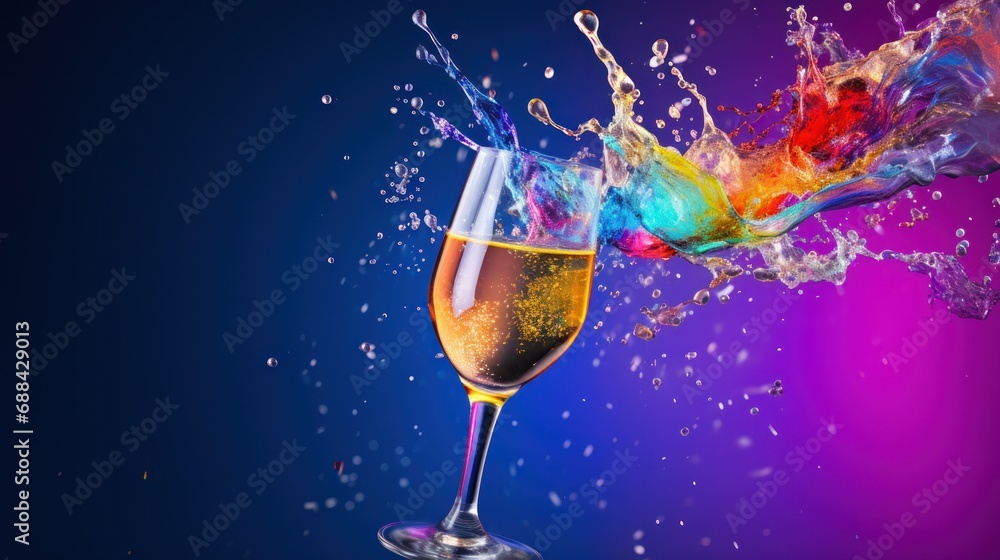 Poster a close up of a wine glass with a liquid splashing out of it and a multicolored background.