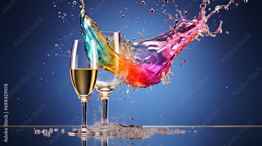 Poster two glasses of champagne splashing into each other on a reflective surface with water splashing on t