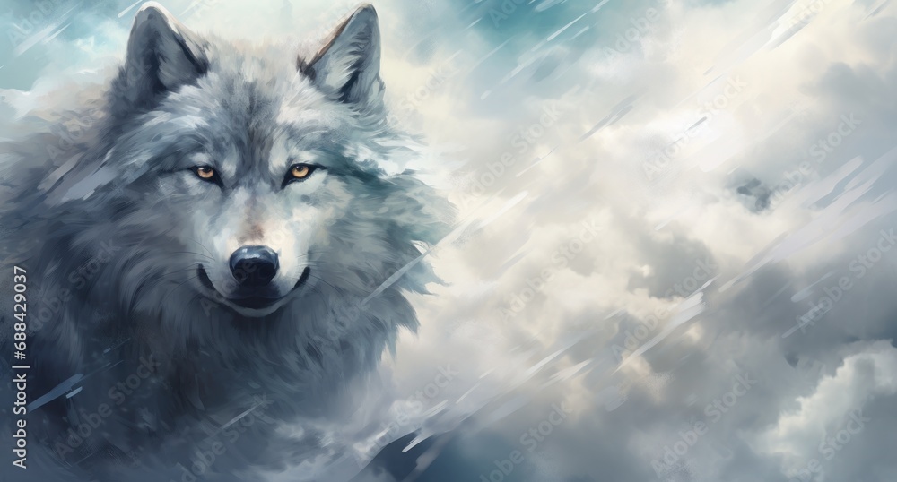 Poster a painting of a wolf standing in the rain with a cloudy sky in the background and clouds in the fore