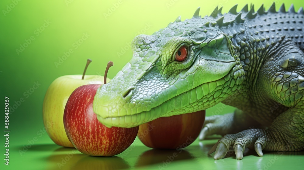 Poster a close up of a toy alligator with an apple and an apple in front of a toy alligator with an apple i
