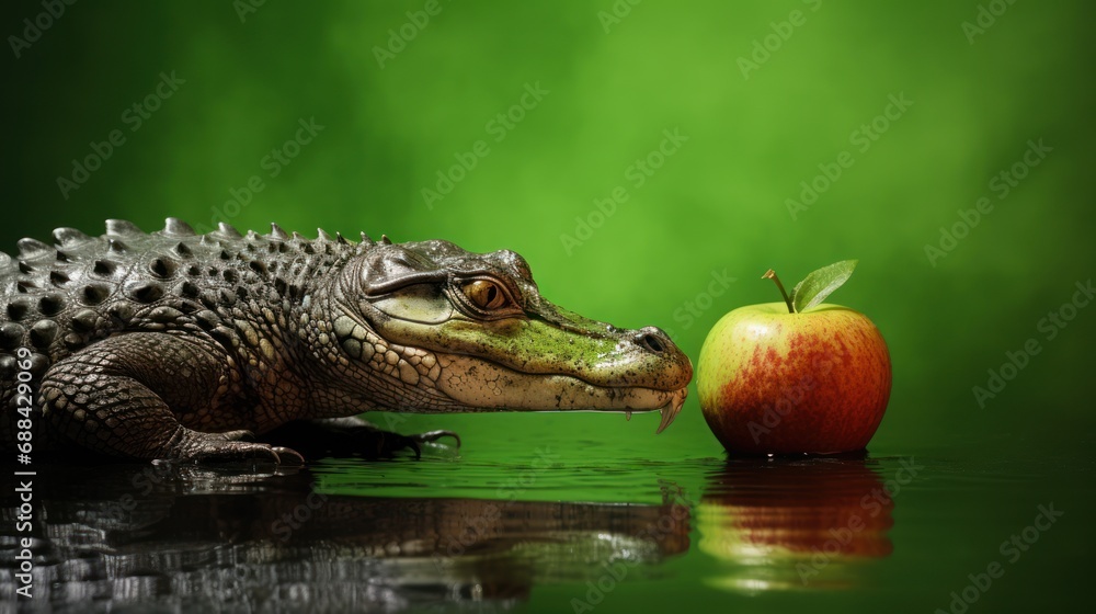 Poster a close up of a alligator with an apple in front of a body of water in front of a green background.
