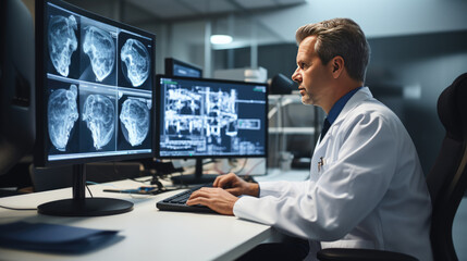 Medical research doctor examining x-ray images on computer monitors - obrazy, fototapety, plakaty