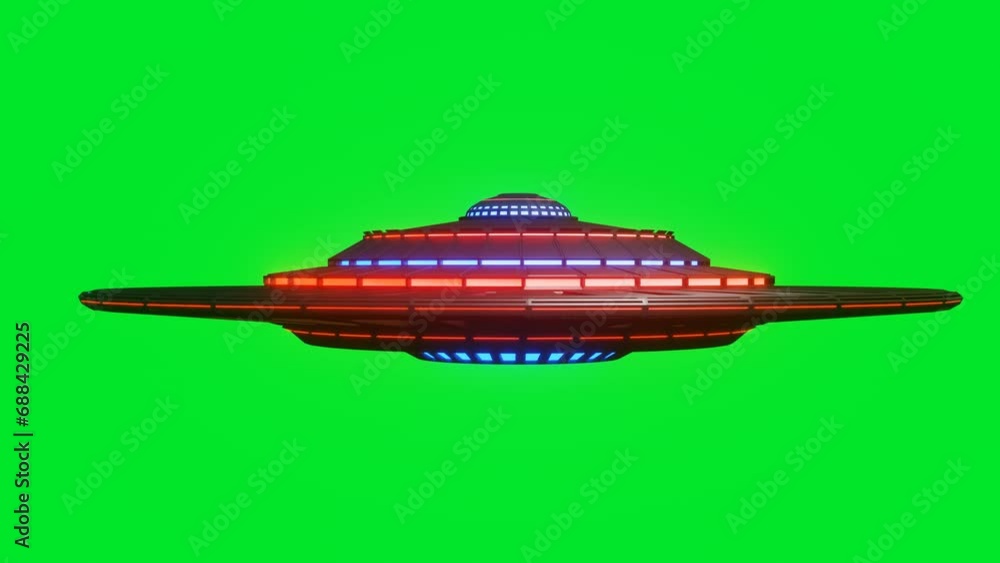 Poster stylized ufo model rotates on a green background. 3d render. looping animation