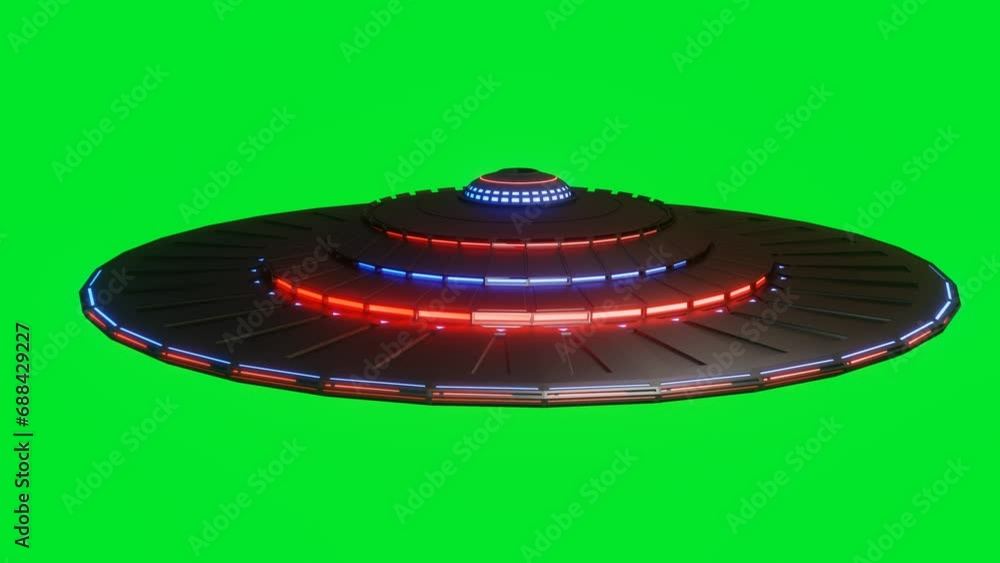 Poster stylized ufo model rotates on a green background. 3d render. looping animation