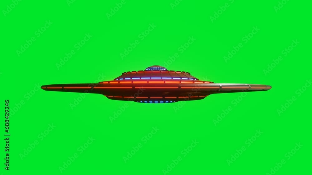 Poster stylized ufo model rotates on a green background. 3d render. looping animation