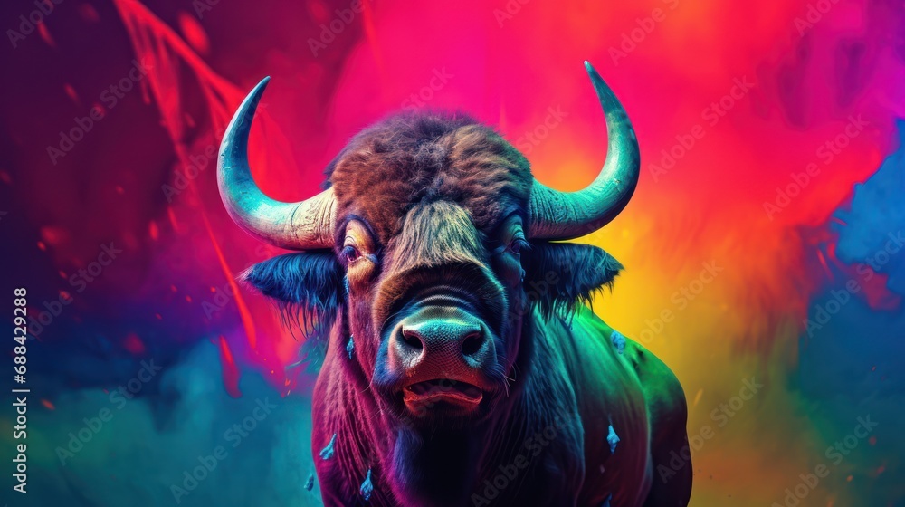Poster a bull with large horns standing in front of a multicolored background with clouds of smoke and smok