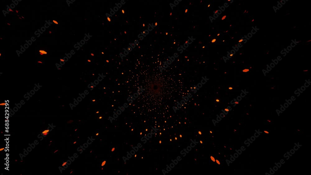 Poster endless camera movement through a dark tunnel with particles flashing red-orange light. 3d render. l