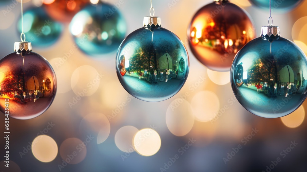 Poster a group of christmas ornaments hanging from a string with lights in the background and blurry lights
