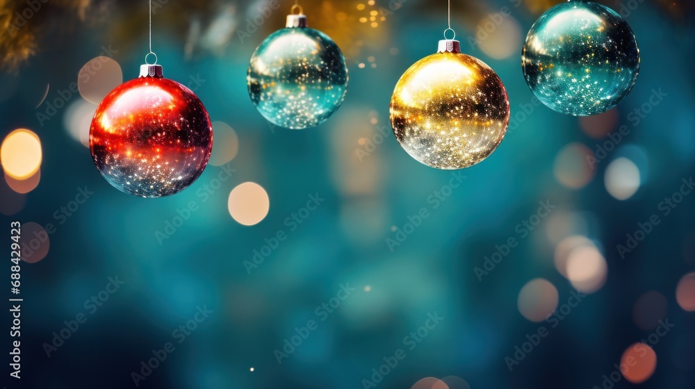 Poster three christmas ornaments hanging from a string on a blue background with boke of lights in the midd