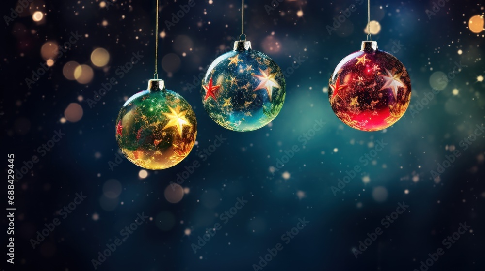 Poster three colorful christmas ornaments hanging from a string against a dark background with bokeh lights