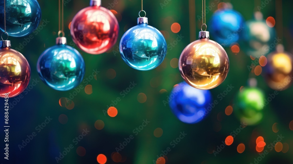 Poster a group of multicolored christmas ornaments hanging from a string on a christmas tree with lights in